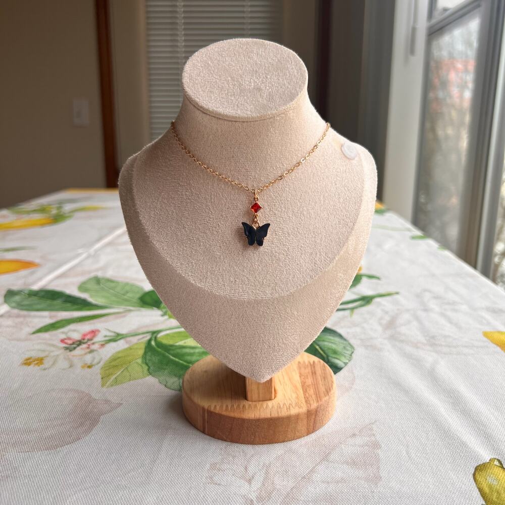 Onyx Obsidian Black Carnelian Crystal Glass Fun Kawaii Butterfly Necklace